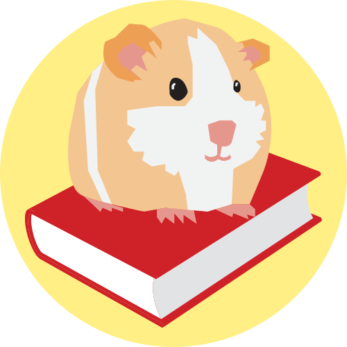 Dewey's Book Buds logo: a guinea pig sitting on a book Dewey's Book Buds logo: a guinea pig sitting on a book