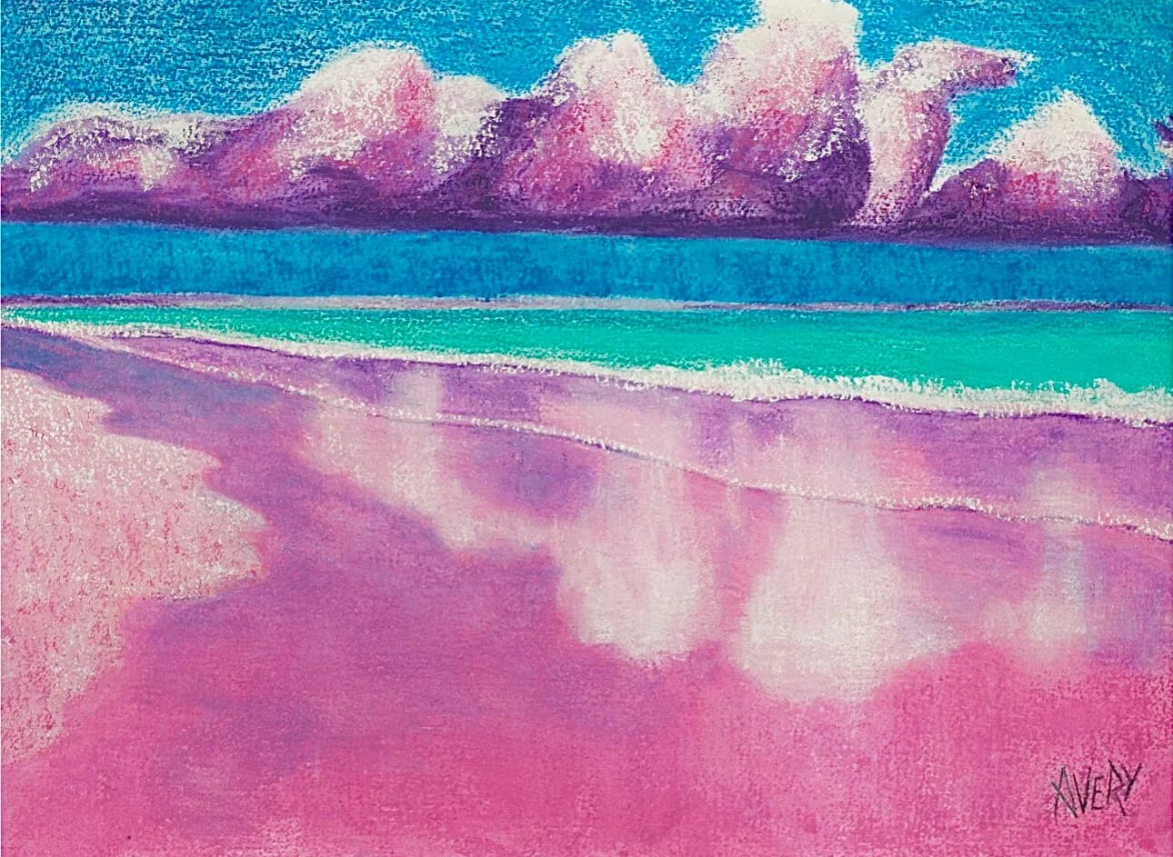 A watercolor of a beach in Bermuda by July artist Lauren Avery Hutton.
