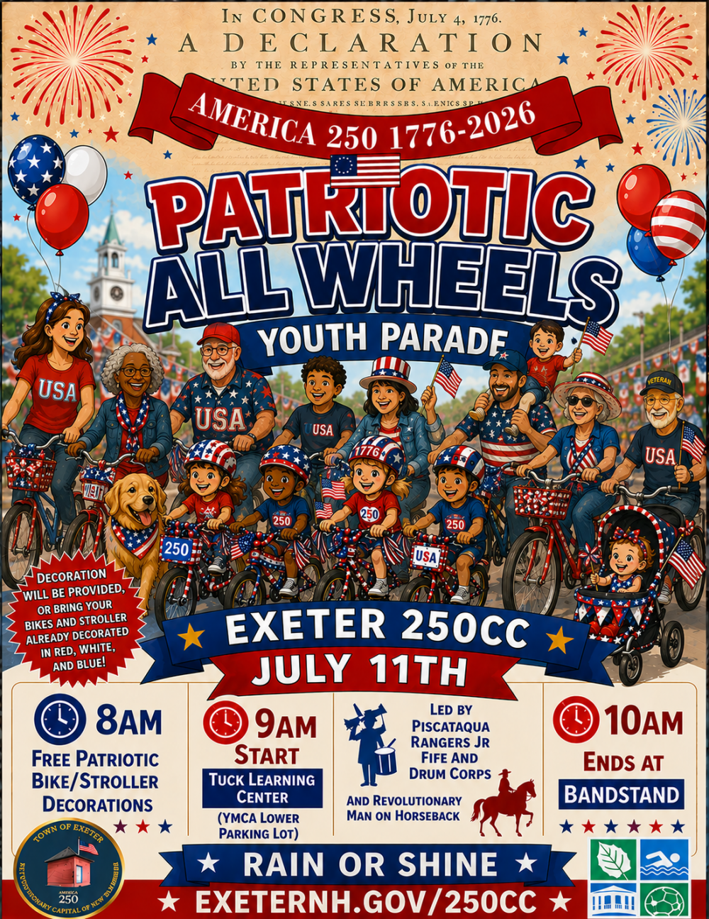 Patriotic All Wheels Youth Parade on Saturday, July 11 starting at 8 AM.
