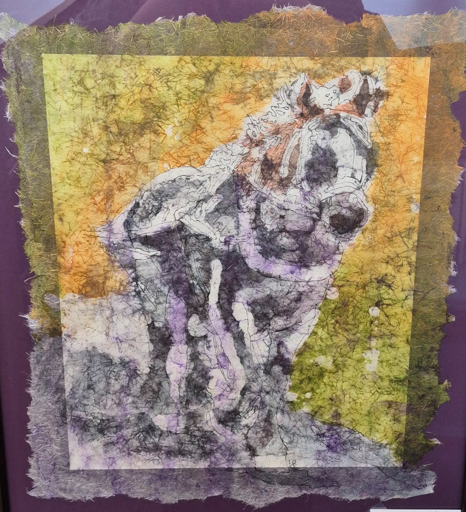 Batik-style painting of a gray horse with a yellow background by March artist Larry Provencher.