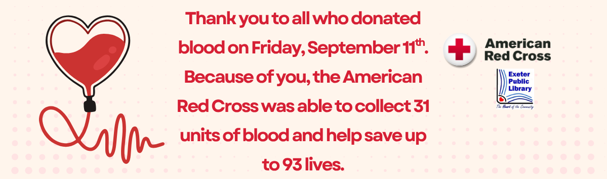 Thank you to all who donated blood on Friday, September 11. Because of you, the American Red Cross was able to collect 31 units of blood and help save up to 93 lives.