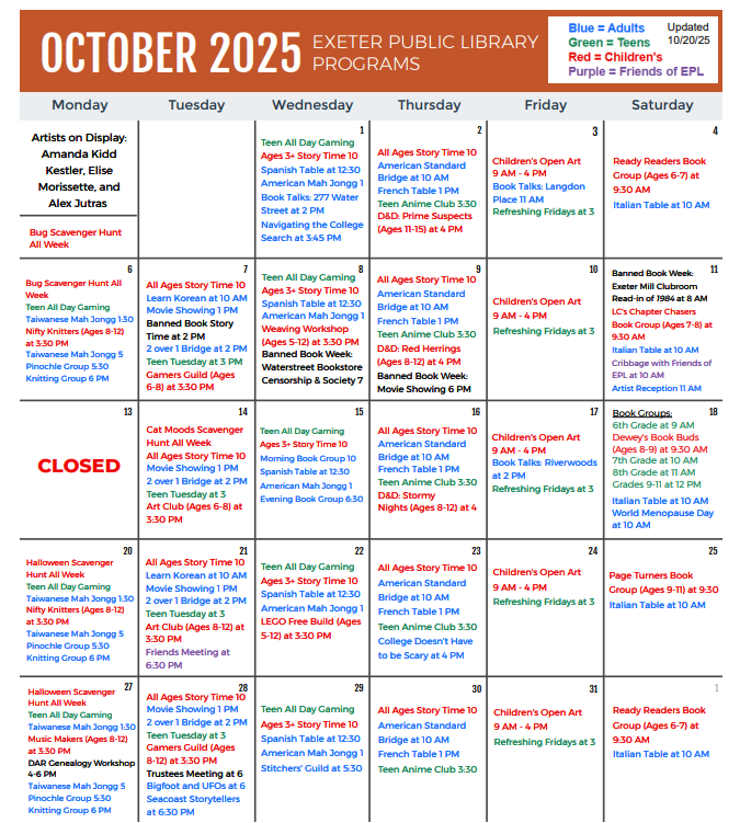October 2025 Programs Calendar