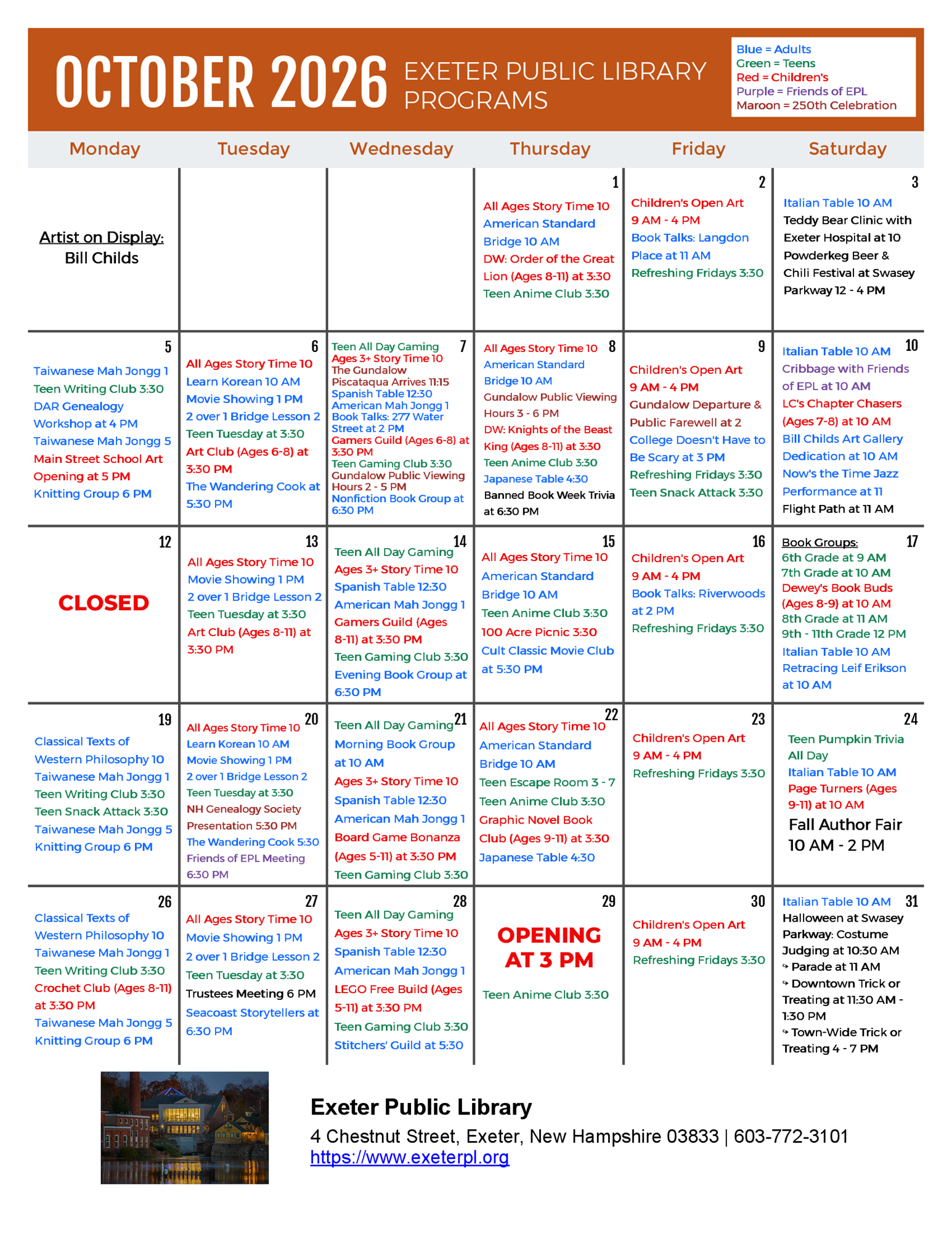 October 2026 Programs Calendar