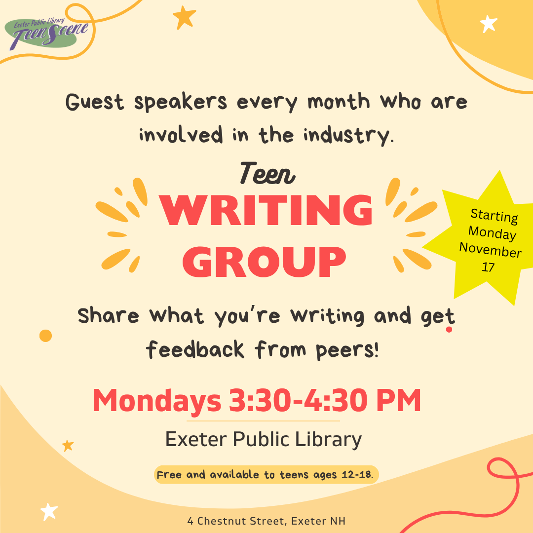 Teen Writing Group begins on Monday, November 17 at 3:30 PM.