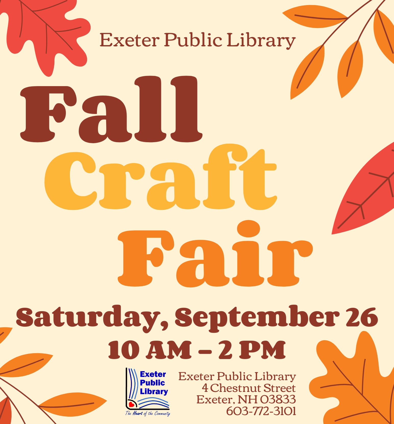Fall Craft Fair on Saturday, September 26 from 10 AM - 2 PM.