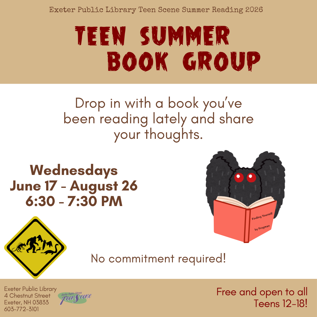 Teen Summer Book Group: Bring Your Own Book on Wednesdays at 6:30 PM. June 17 - August 26.
