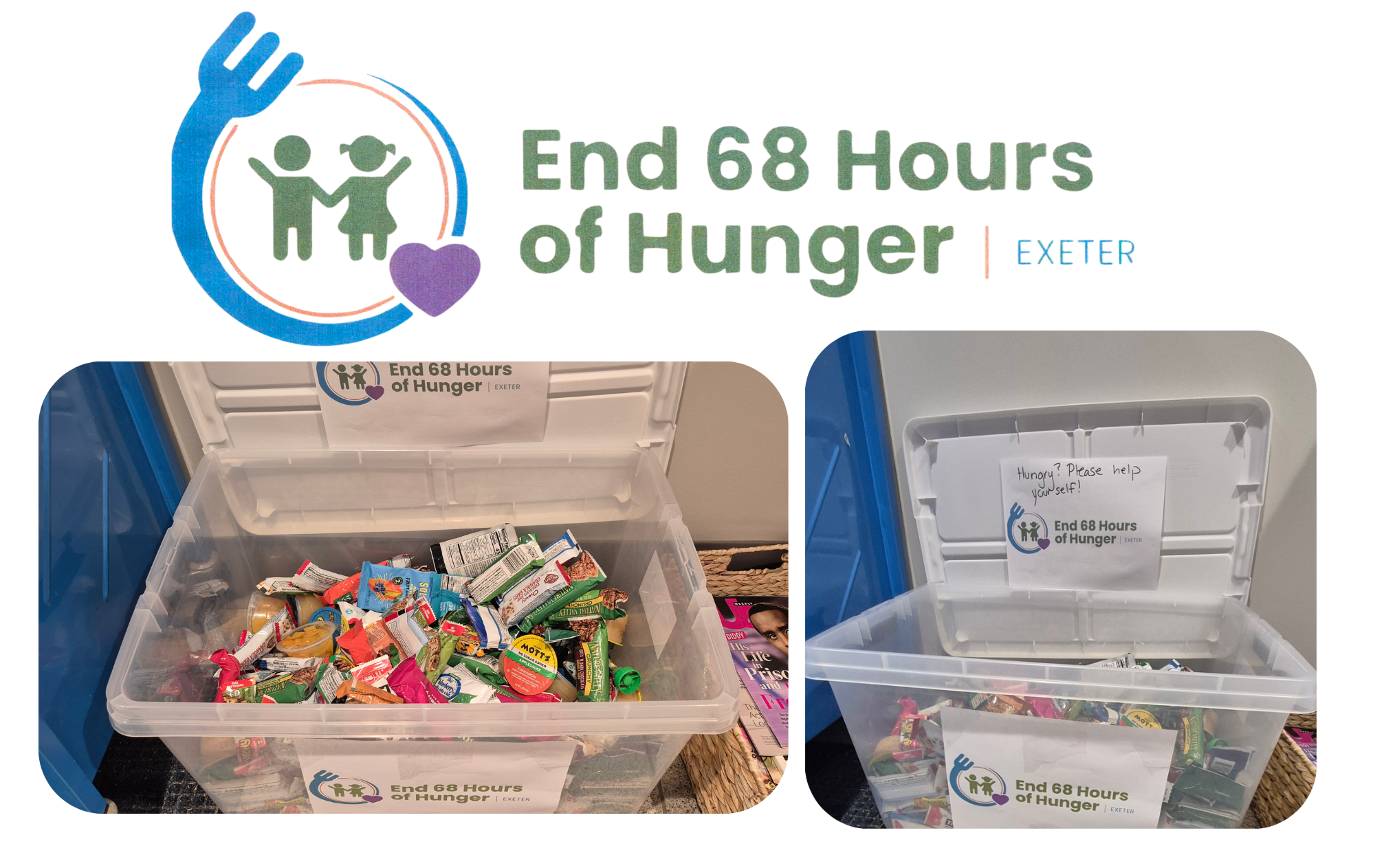 End 68 Hours of Hunger Exeter logo, along with photos of a bin filled with food next to the Adult Information Desk.
