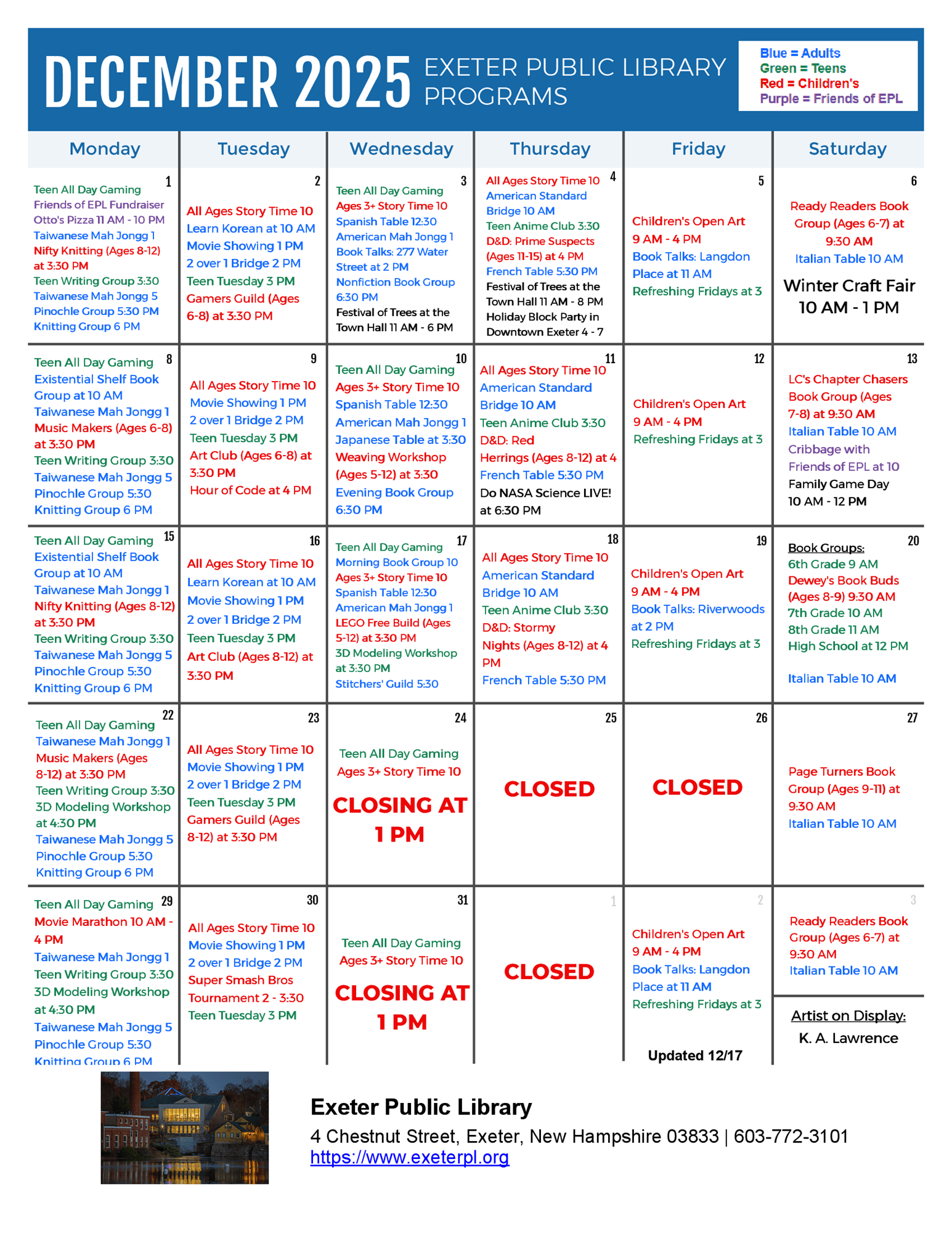 December 2025 Programs Calendar