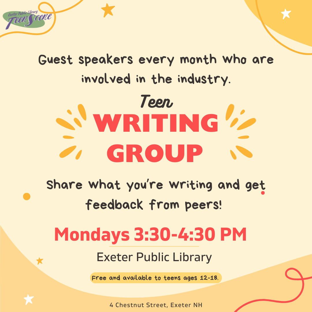 Teen Writing Group meets on Mondays at 3:30 PM. Share what you're working on and get feedback from peers! Hear from guest speakers who are involved in the industry once a month!