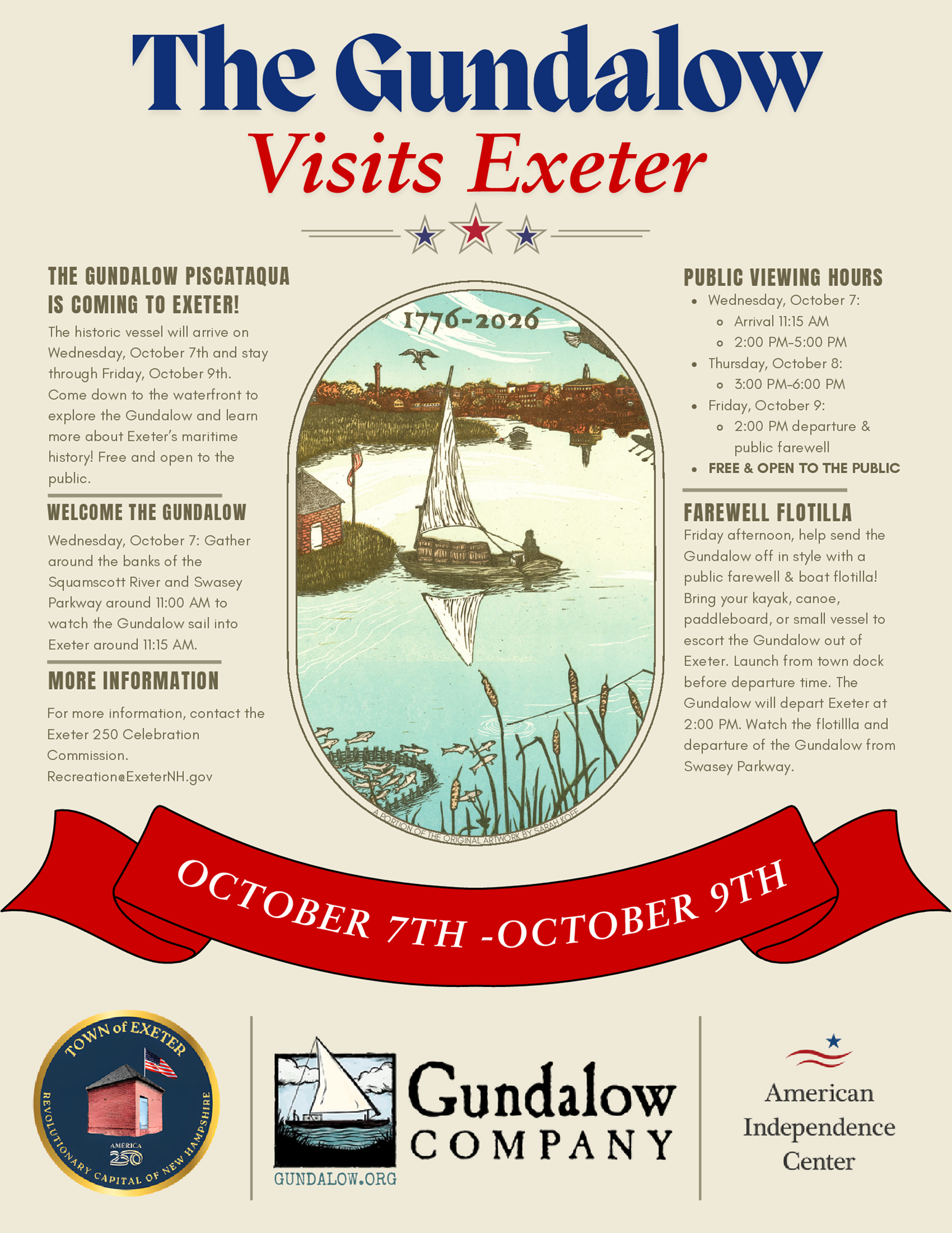 The Gundalow Piscataqua will visit Exeter on Wednesday, October 7 - Friday, October 9.