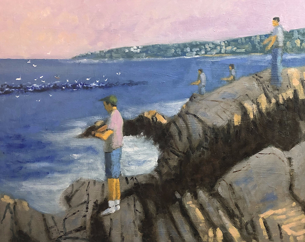 Painting of people fishing from the rocks on the beach by May artist Don Jalbert.