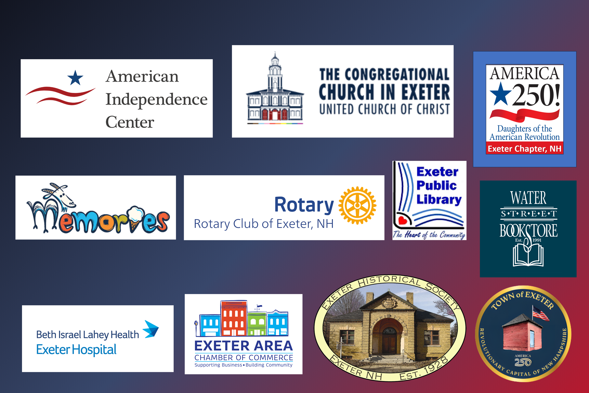 Brought to you by the American Independence Center, the Congressional Church in Exeter, the Exeter Chapter of the Daughters of the American Revolution, Memories, Rotary Club of Exeter, Exeter Public Library, Water Street Bookstore, Exeter Hospital, Exeter Area Chamber of Commerce, Exeter Historical Society, and the Exeter 250 Celebration Comission. Brought to you by the American Independence Center, the Congressional Church in Exeter, the Exeter Chapter of the Daughters of the American Revolution, Memories, Rotary Club of Exeter, Exeter Public Library, Water Street Bookstore, Exeter Hospital, Exeter Area Chamber of Commerce, Exeter Historical Society, and the Exeter 250 Celebration Comission.