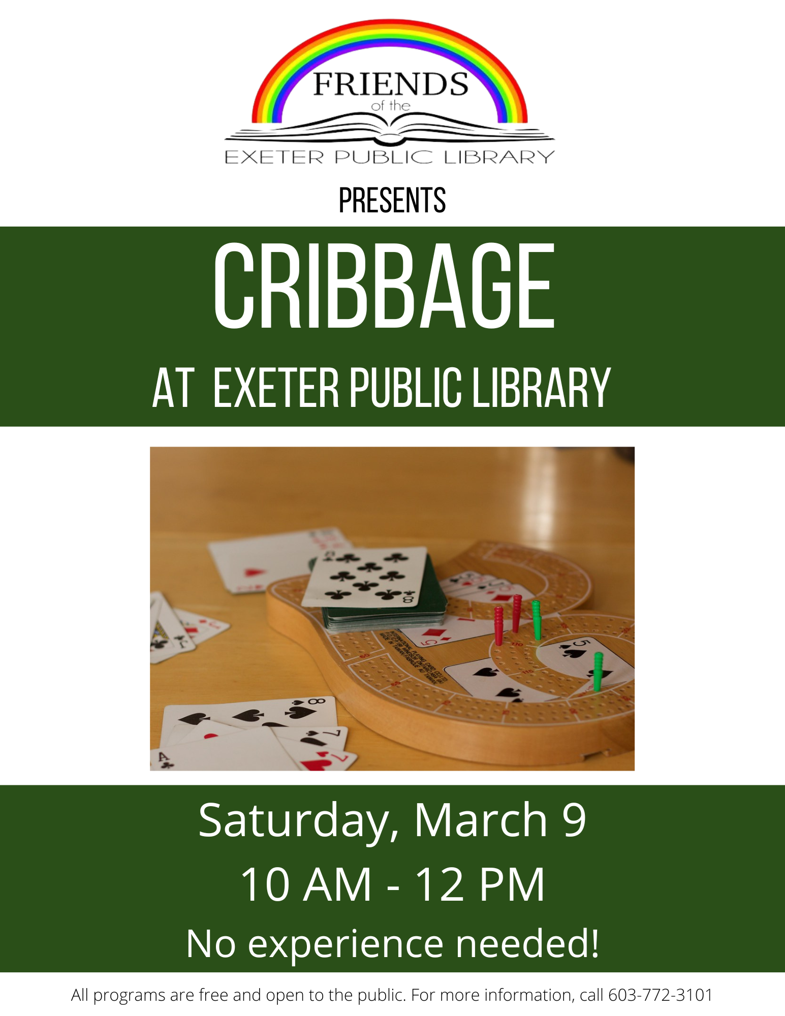 Cribbage at the Library Saturday, March 9, 10 AM - 12 PM. 