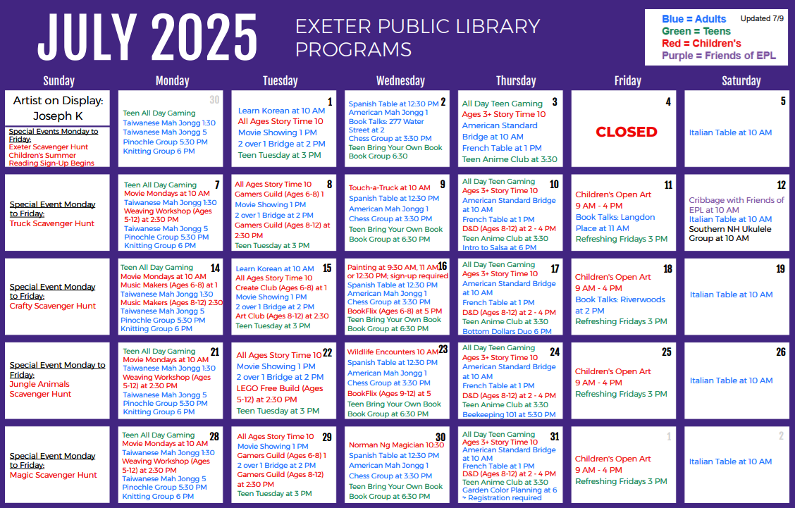 July 2025 Programs Calendar