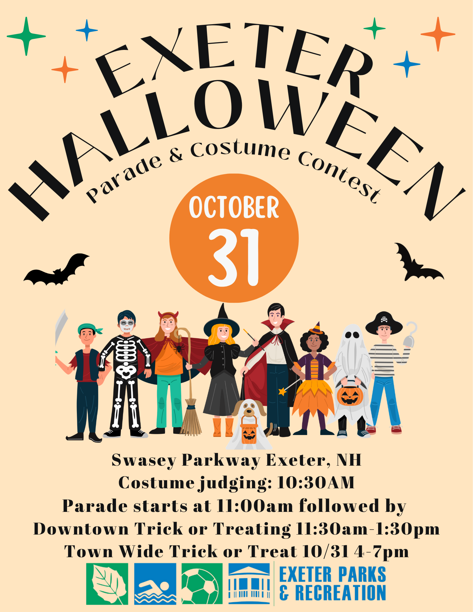 Exeter Halloween Parade & Costume Contest on Saturday, October 31 at Swasey Parkway. Costume Judging at 10:30 AM, Parade at 11 AM, Downtown Trick or Treating 11:30 - 1:30 PM, and Town Wide Trick or Treat from 4 - 7 PM.