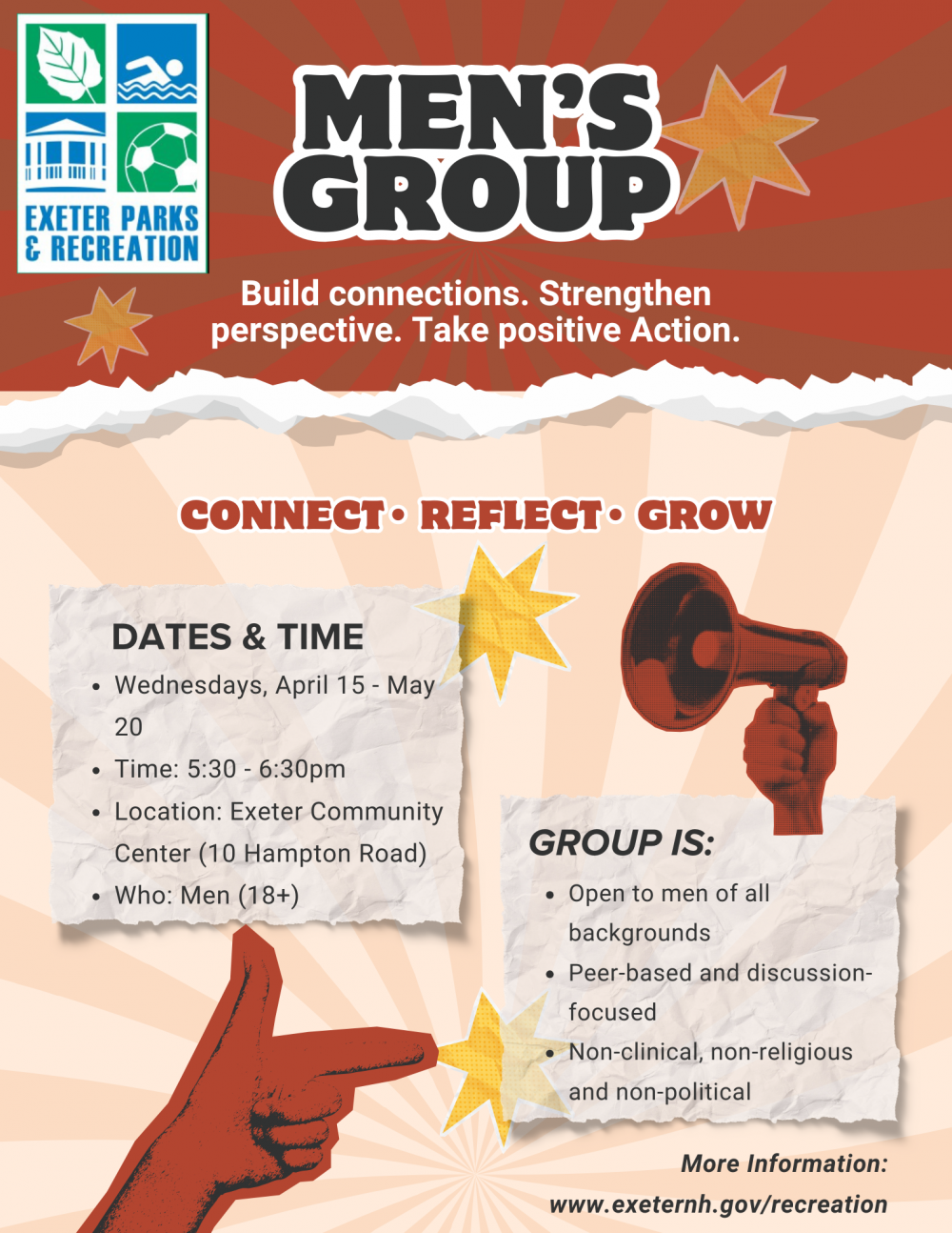 Exeter Men's Group meets on Wednesdays frpm 5:30 - 6:30 PM at the Exeter Community Center, 10 Hampton Road, Exeter, NH.