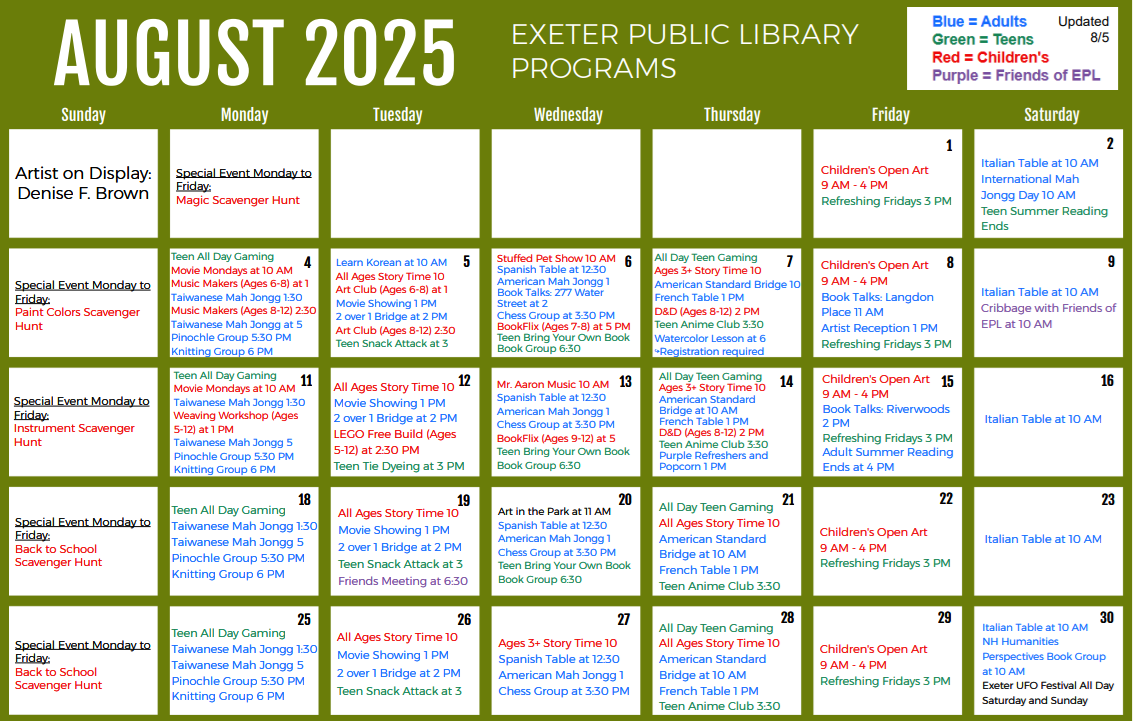 August 2025 Programs Calendar