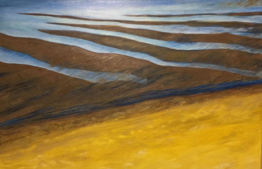 Painting of a beach and the ocean by July artist Lauren Avery Hutton.