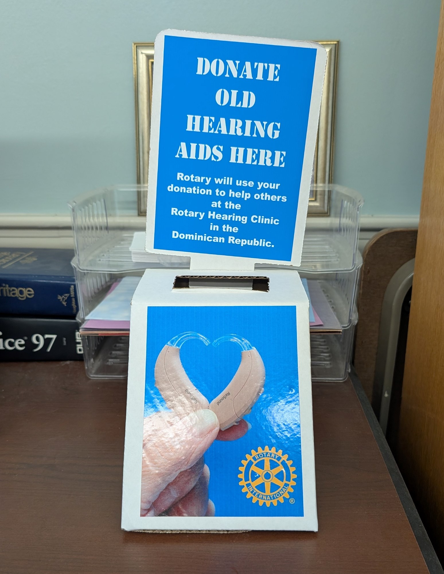 Hearing aids donation box for Exeter Rotary Club pictured in the Community Room at 277 Water Street. Hearing aids donation box for Exeter Rotary Club pictured in the Community Room at 277 Water Street.