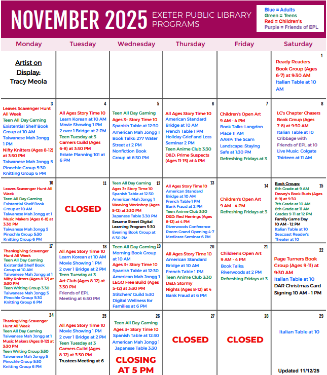 November 2025 Programs Calendar