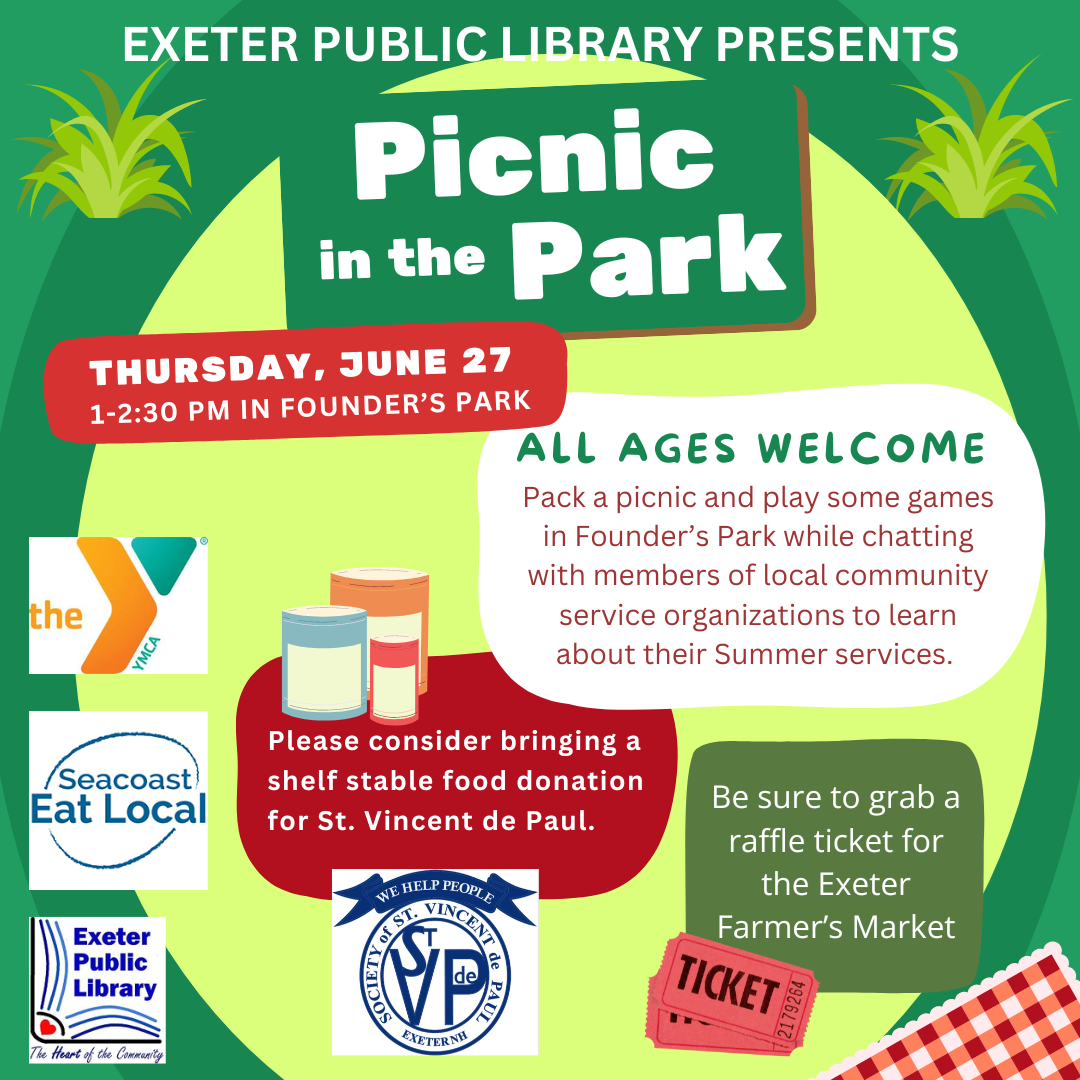 Picnic in Founder's Park Thursday, June 27 from 1 to 2:30 PM. All ages welcome