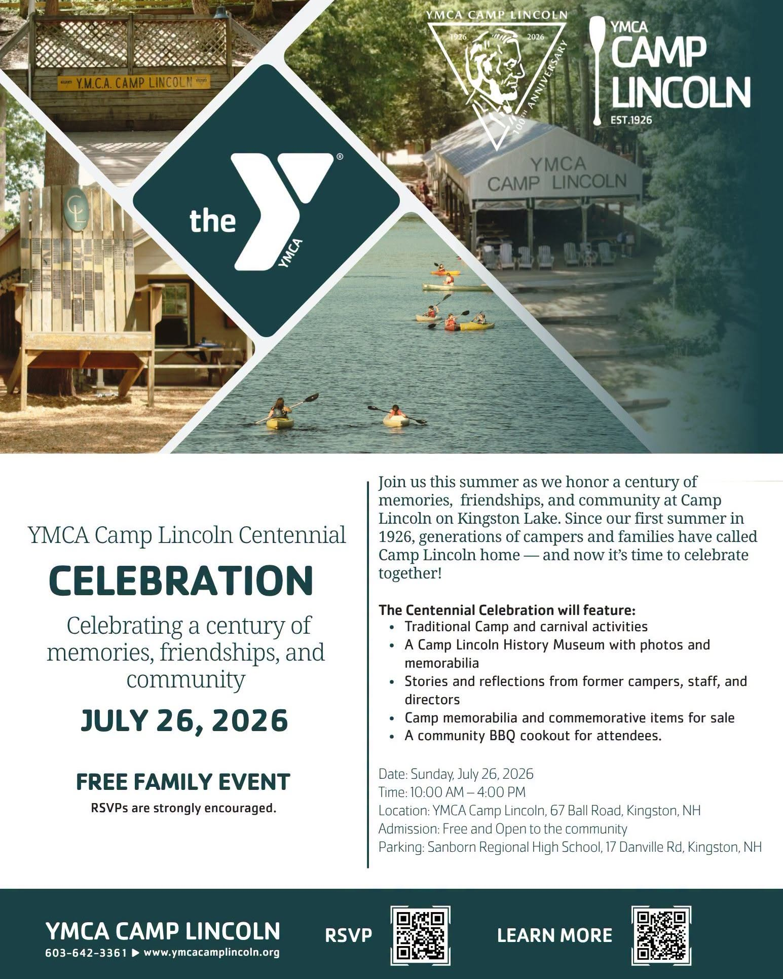 YMCA Camp Lincoln Centennial Celebration on Sunday, July 26 from 10 AM - 4 PM at 67 Ball Road in Kingston, NH. YMCA Camp Lincoln Centennial Celebration on Sunday, July 26 from 10 AM - 4 PM at 67 Ball Road in Kingston, NH.