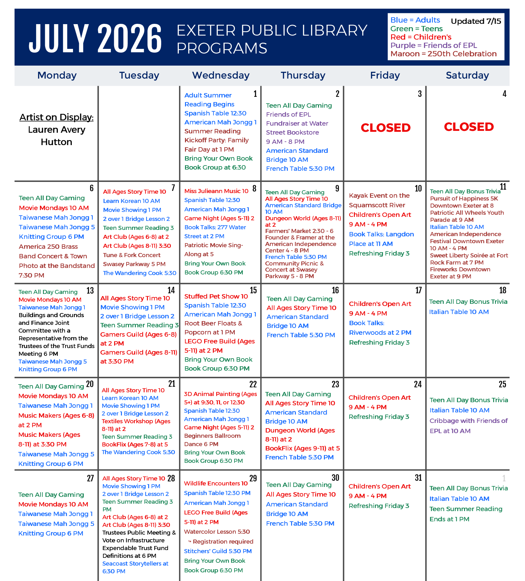 July 2026 Programs Calendar