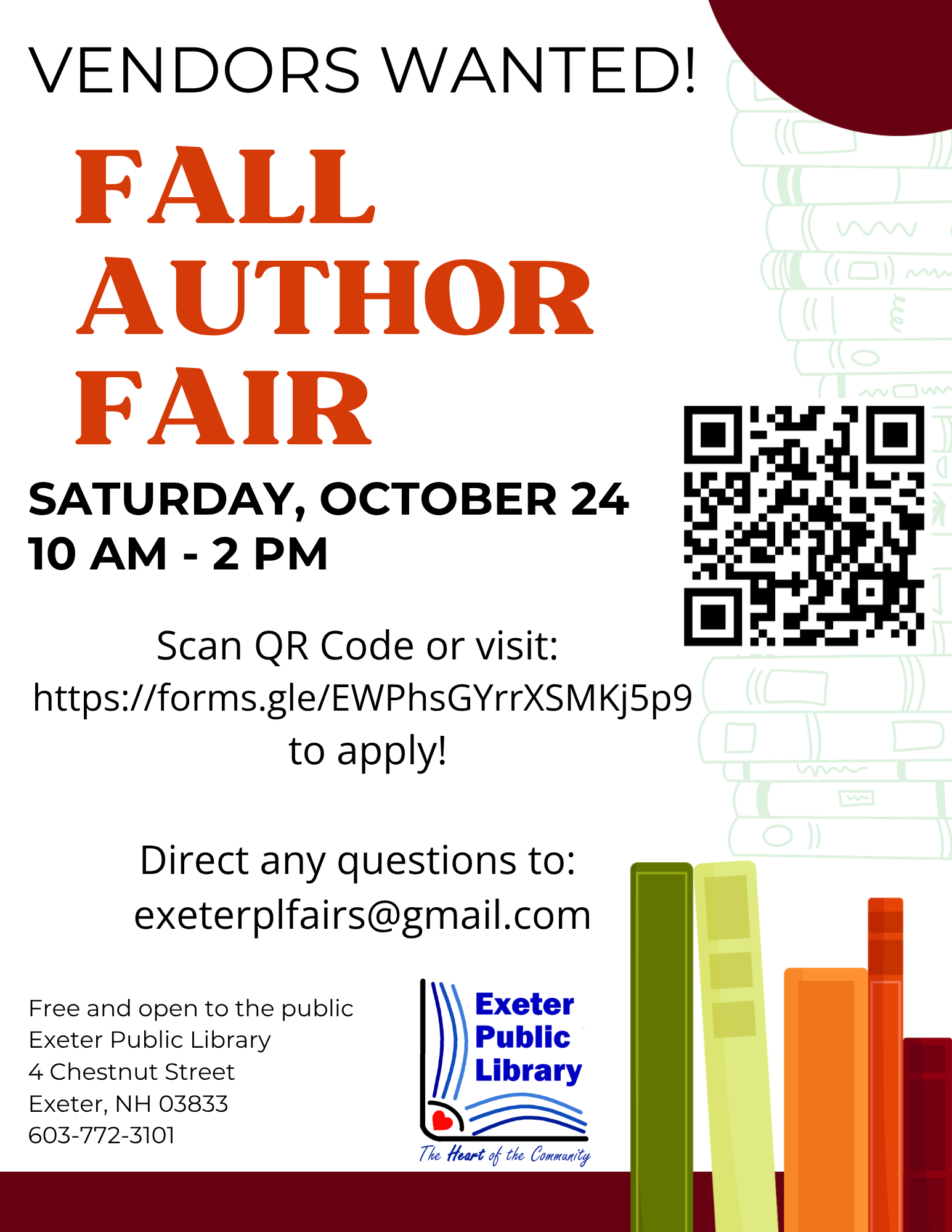Vendors Wanted for the Fall Author Fair on Saturday, October 24 from 10 AM - 2 PM!