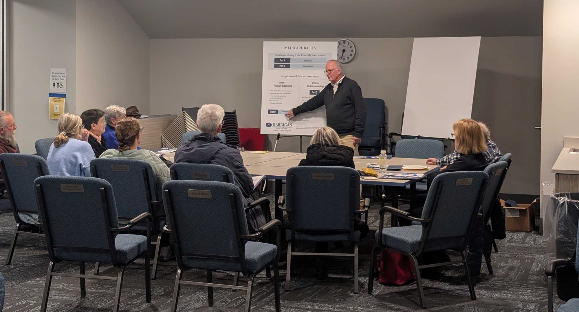 Tim Harrigan explaining the basics of Medicare in the Meeting Room of the library.