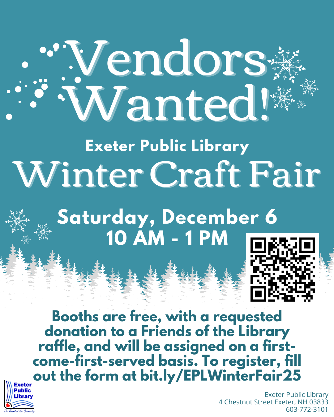 Winter Craft Fair on Saturday, December 6 from 10 AM - 1 PM. Vendors wanted!