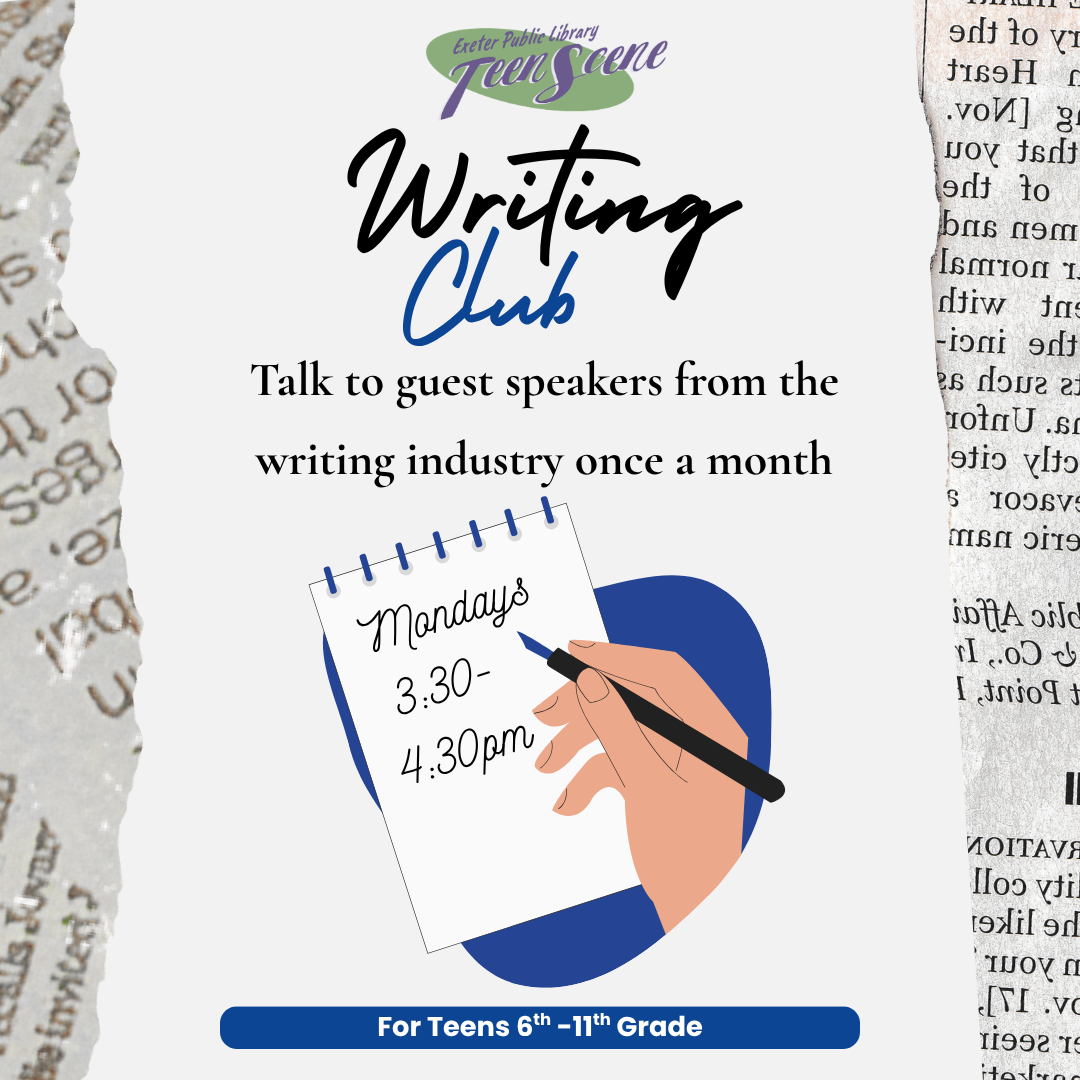 Teen Writing Club meets on Mondays from 3:30 - 4:30 PM. Talk to guest speakers from the writing industry once a month. For teens in 6th - 11th grade. 