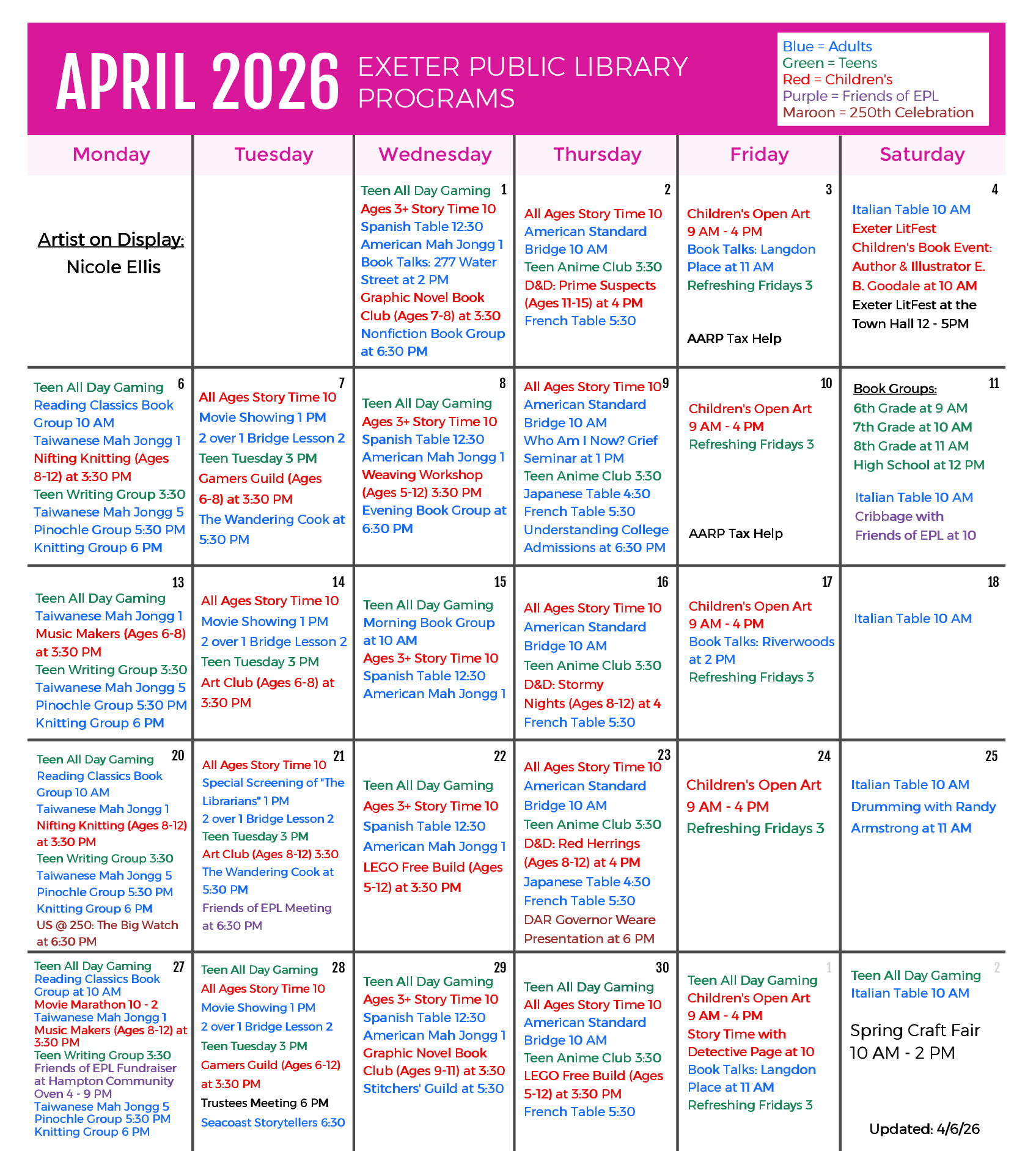 April 2026 Programs Calendar