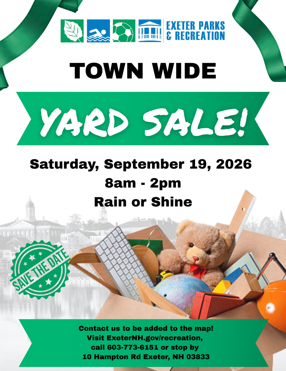Town Wide Yard Sale on Saturday, September 19 from 8 AM - 2 PM. Rain or shine.