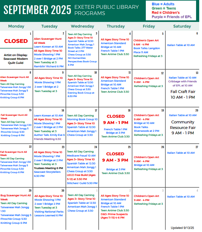 September 2025 Programs Calendar