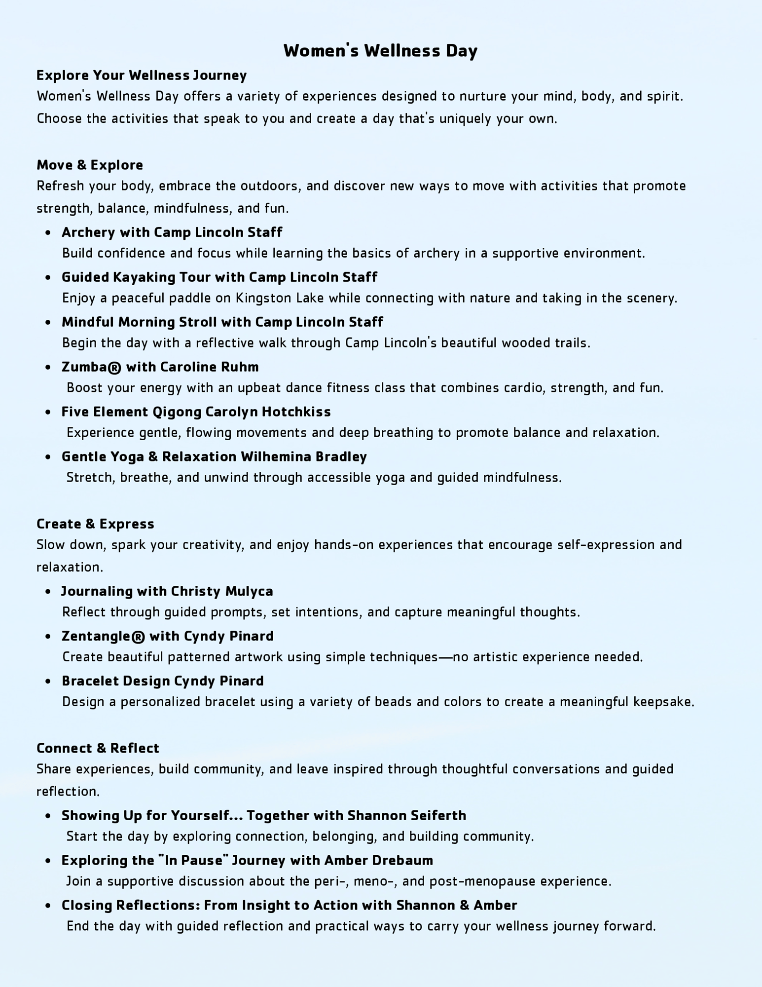 Activities and schedule for Women's Wellness Day at YMCA Camp Lincoln.