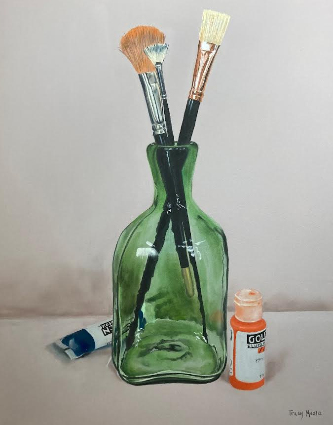 A painting of a green glass bottle filled with paint brushes by November Tracy Meola