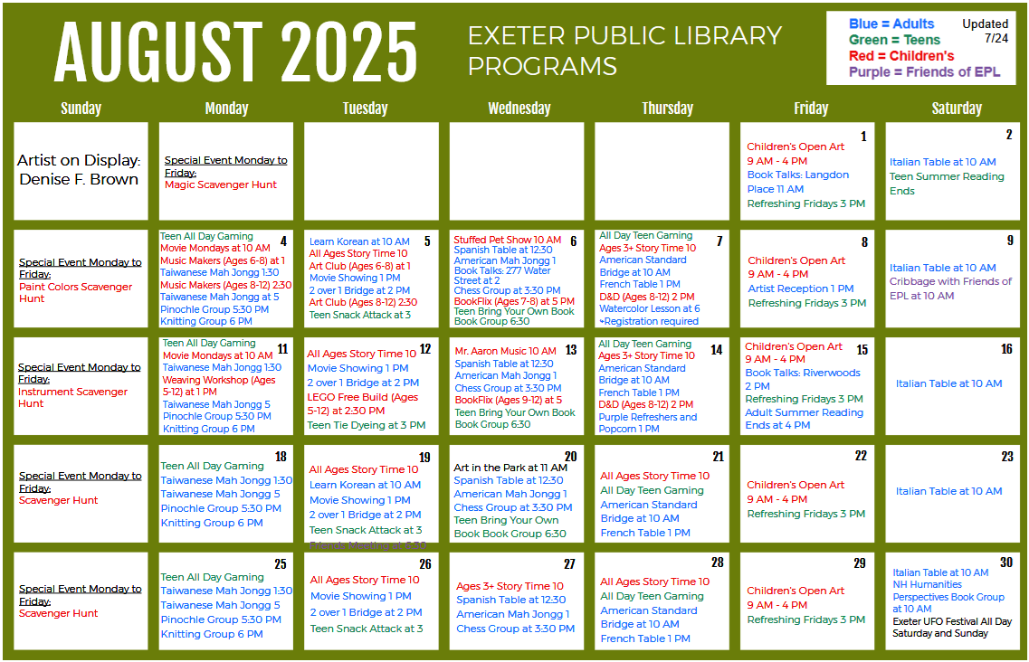 August 2025 Programs Calendar