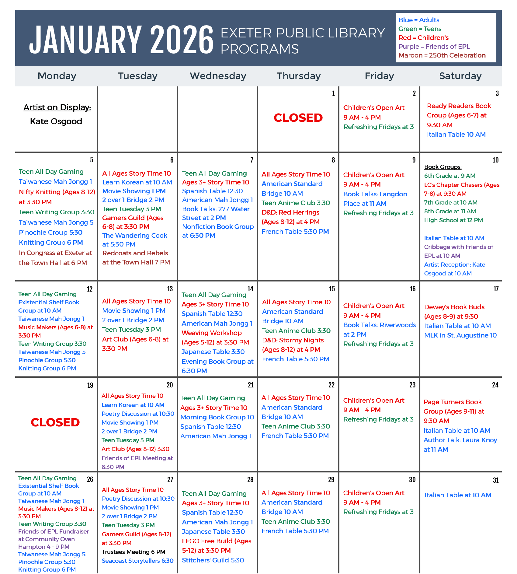 January 2026 Programs Calendar