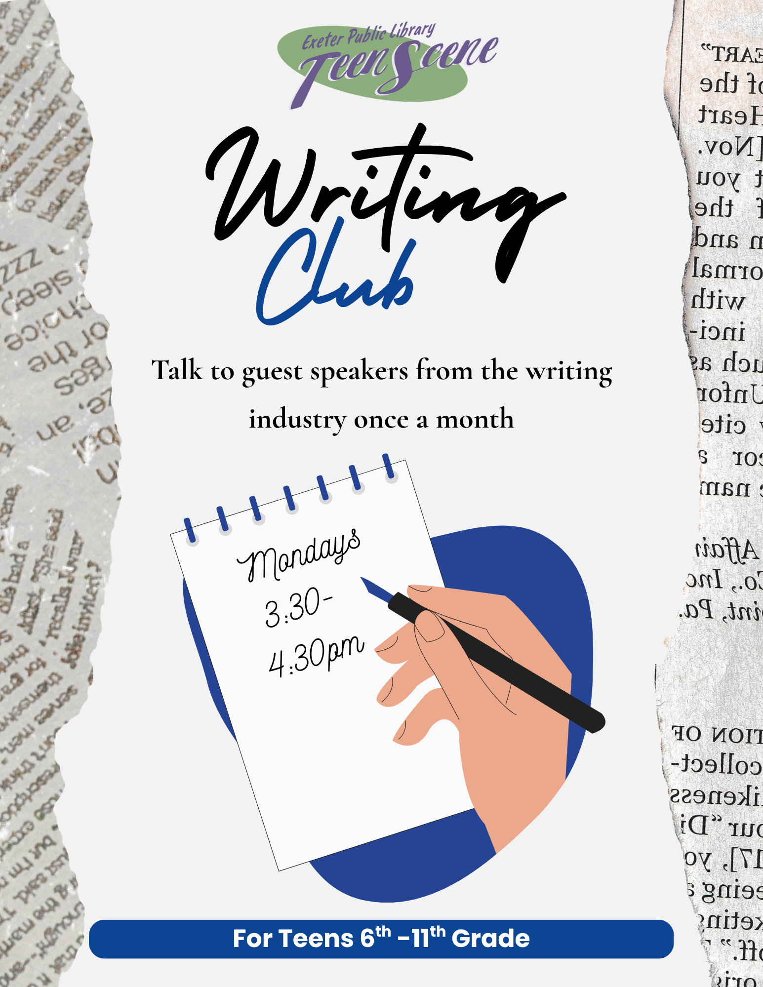 Starting on Monday, September 14, Writing Club meets at 3:30 PM.
