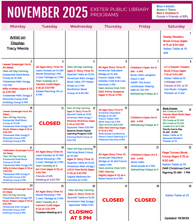 November 2025 Programs Calendar