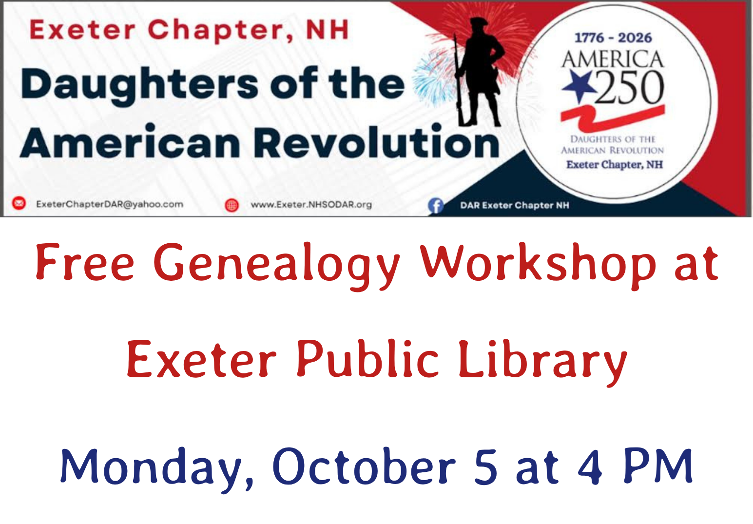 Free Genealogy Workshop at the library on Monday, October 5 at 4 PM.