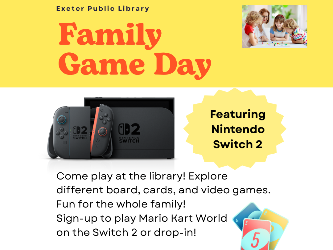 Family Game Day at the library featuring Nintendo Switch 2 on Saturday, November 15 from 10 AM - 12 PM. Family Game Day at the library featuring Nintendo Switch 2 on Saturday, November 15 from 10 AM - 12 PM.