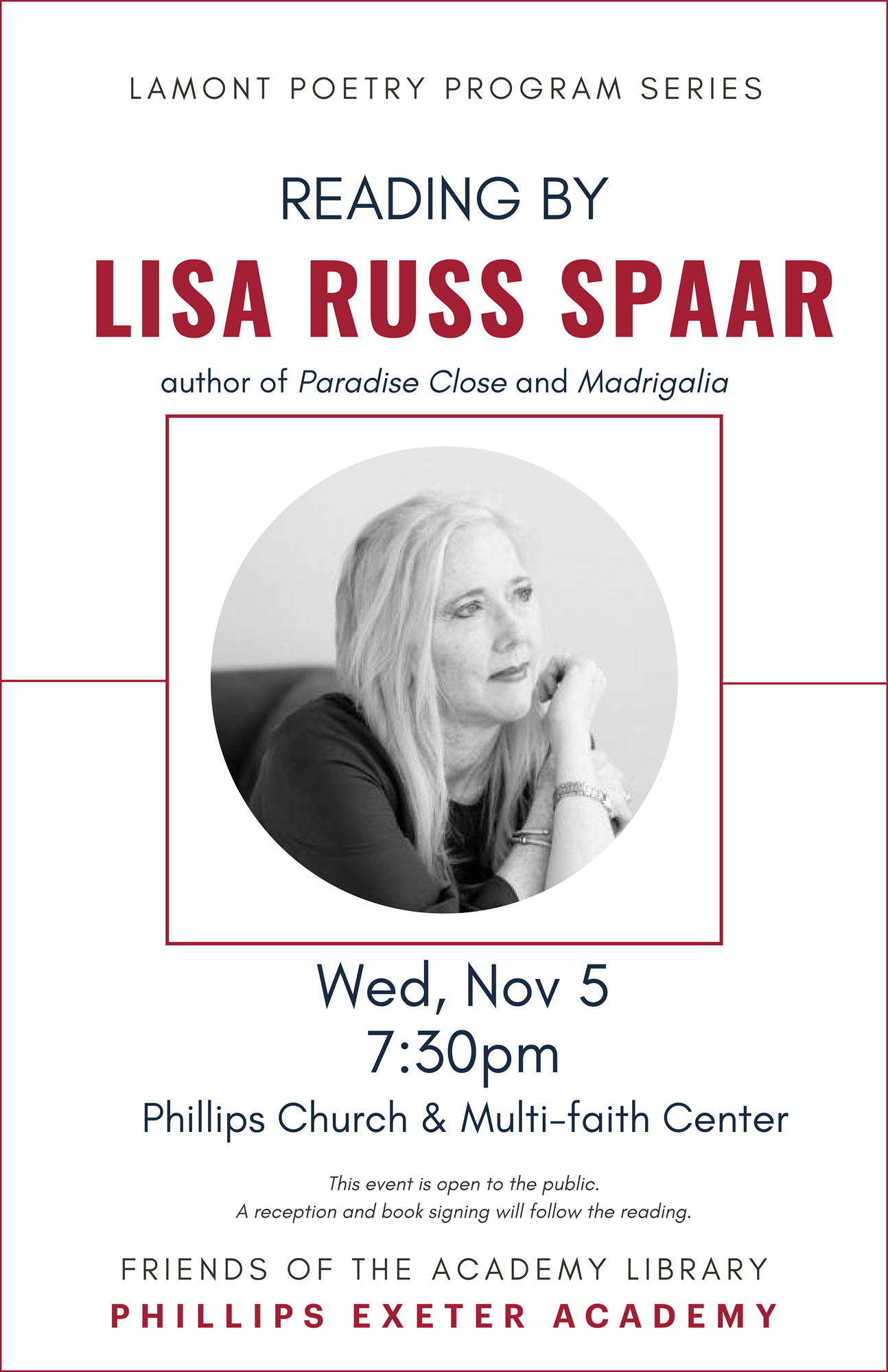 Lisa Russ Spaar Poetry Reading at Phillips Exeter Academy's Phillips Church & Multi-faith Center on Wednesday, November 5 at 7:30 PM. Lisa Russ Spaar Poetry Reading at Phillips Exeter Academy's Phillips Church & Multi-faith Center on Wednesday, November 5 at 7:30 PM.