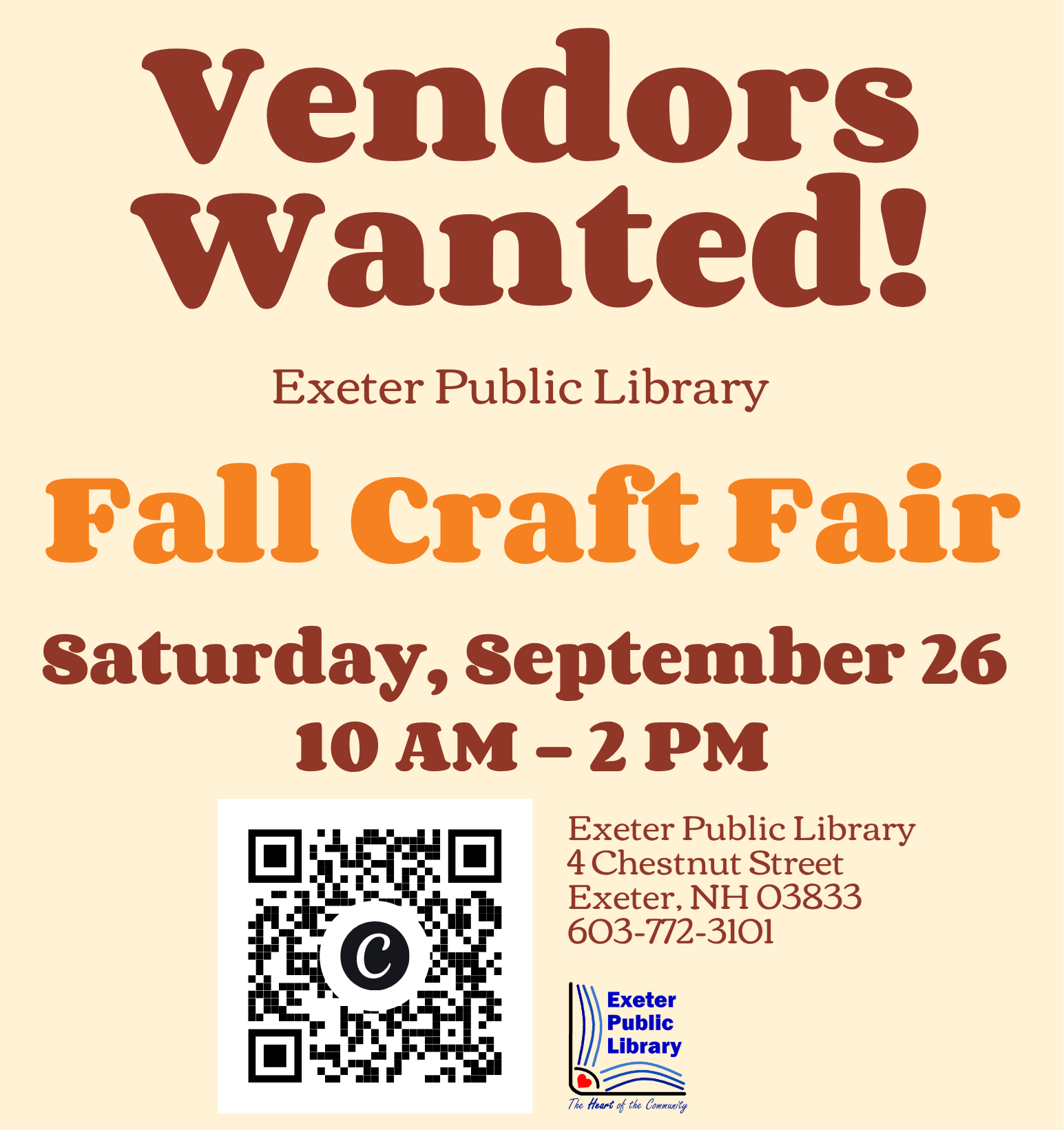 Vendors wanted for the Fall Craft Fair on Saturday, September 26 from 10 AM - 2 PM.