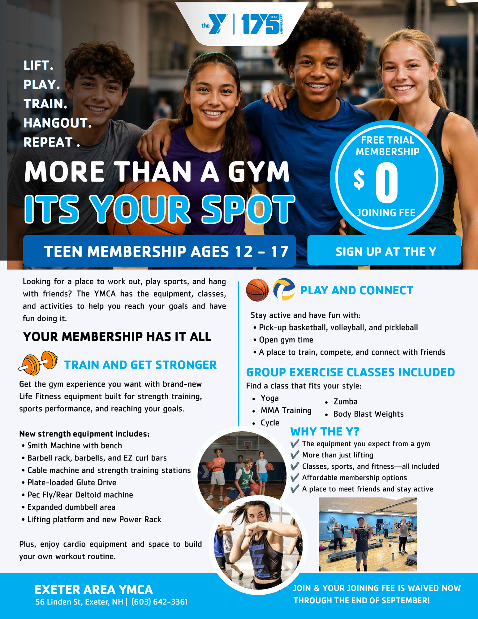Teen Membership at the YMCA for Ages 12 - 17. Free trial membership. No joining fee!