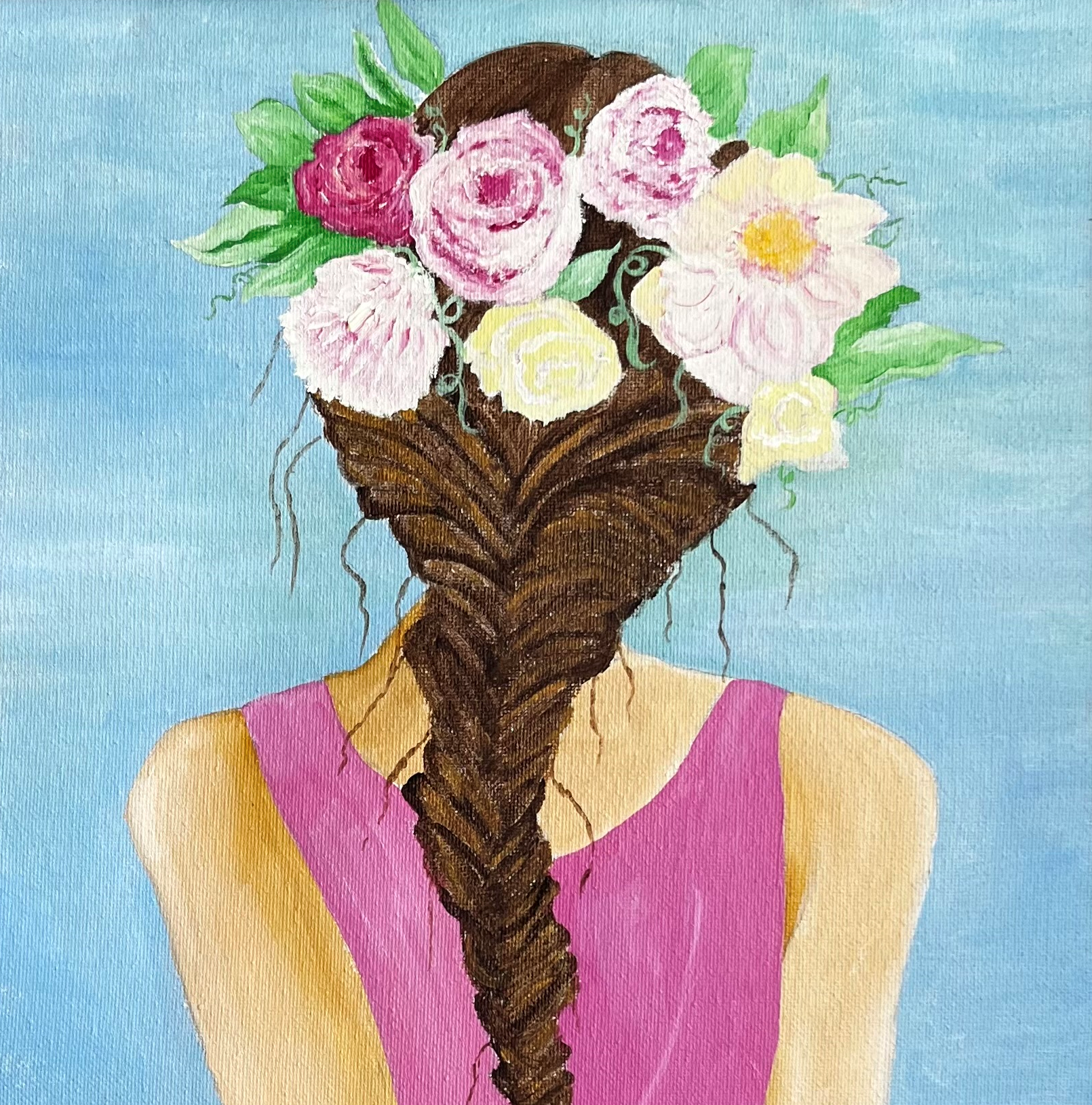 A painting of a girl with flowers in her hair by June artist Janice Olenio-Michienzi