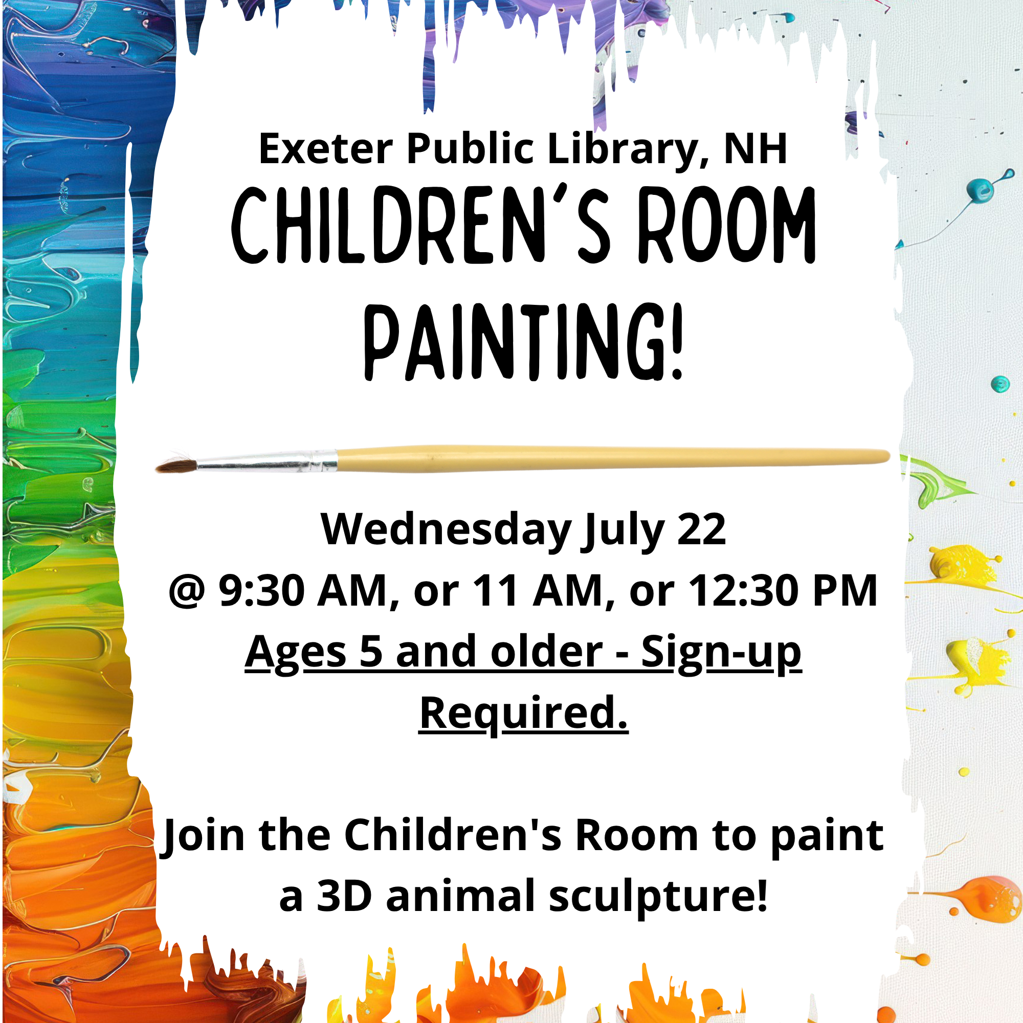 Children's Room Painting on Wednesday, July 22. Ages 5 and older. Sign up required for 9:30 AM, 11 AM, or 12:30 PM. Paint a 3D animal sculpture!