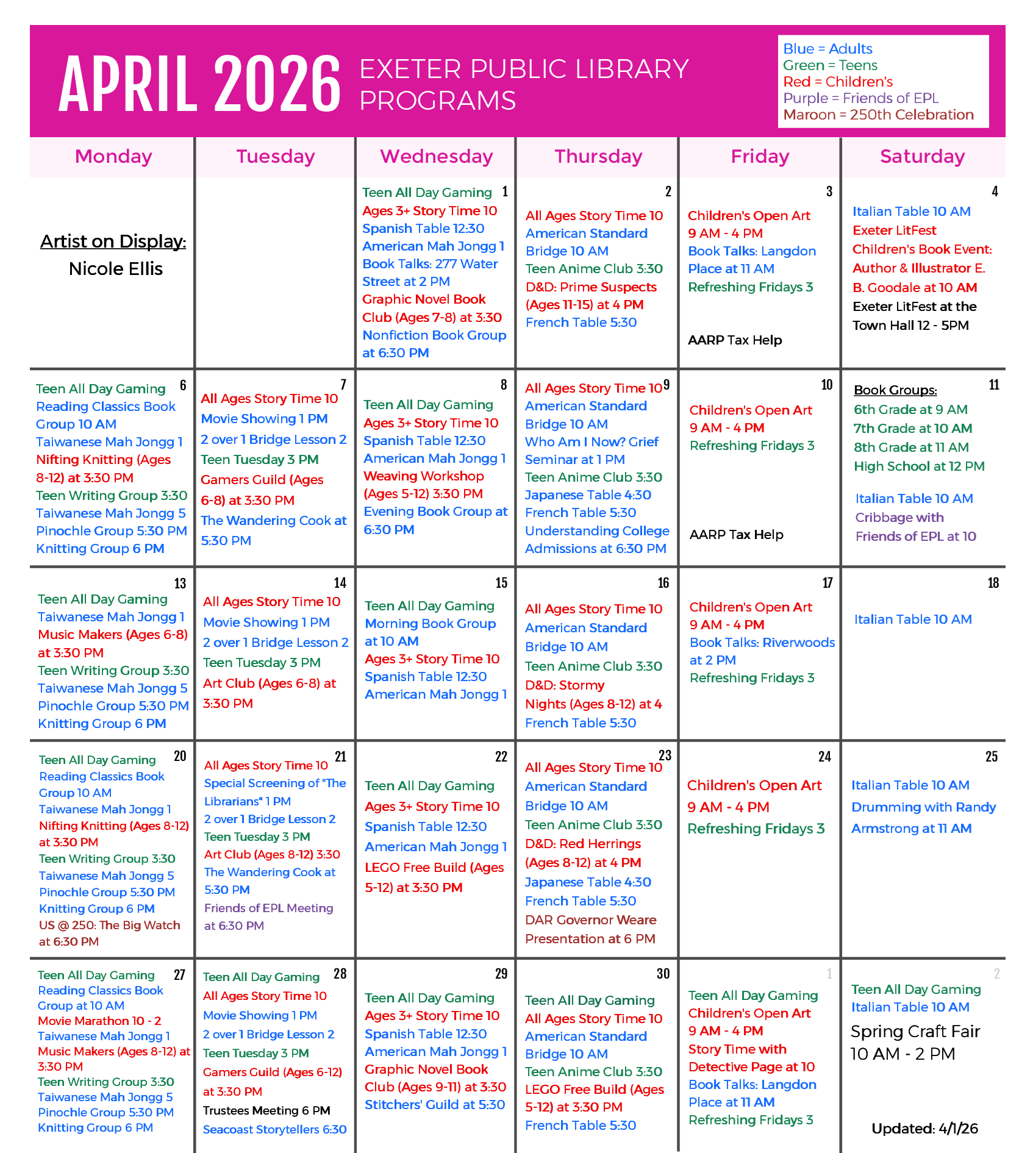 April 2026 Programs Calendar
