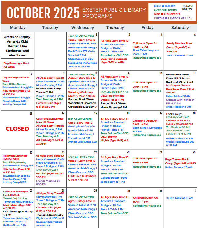 October Programs Calendar