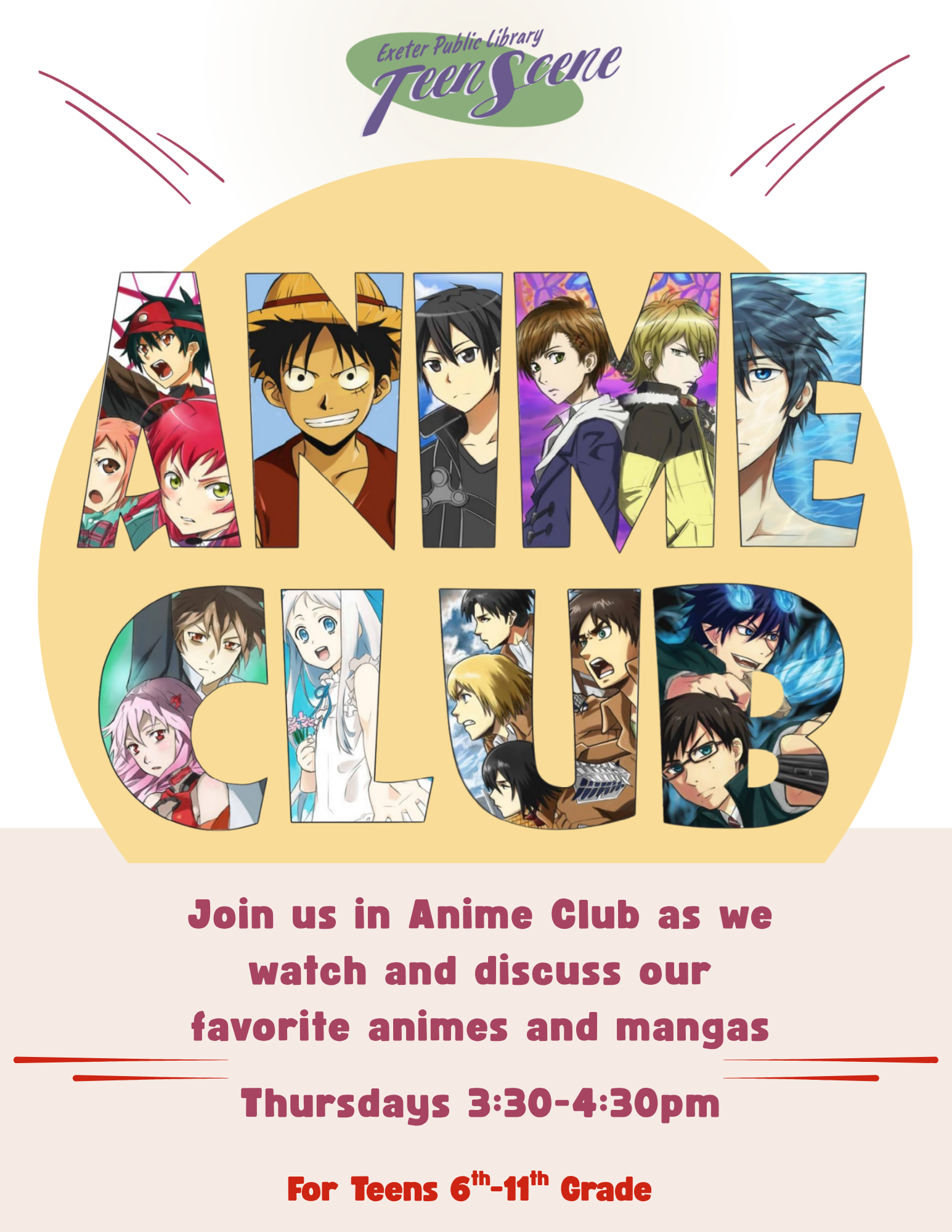 Starting on Thursday, September 10, Anime Club meets at 3:30 PM.